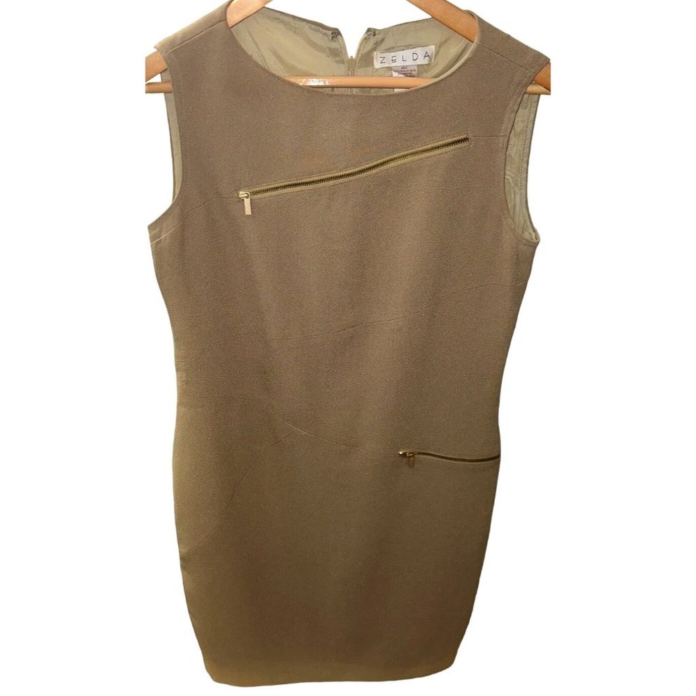 Zelda Olive Gold Dress Upper Zipper Embellishment lined side zip pocket back zip